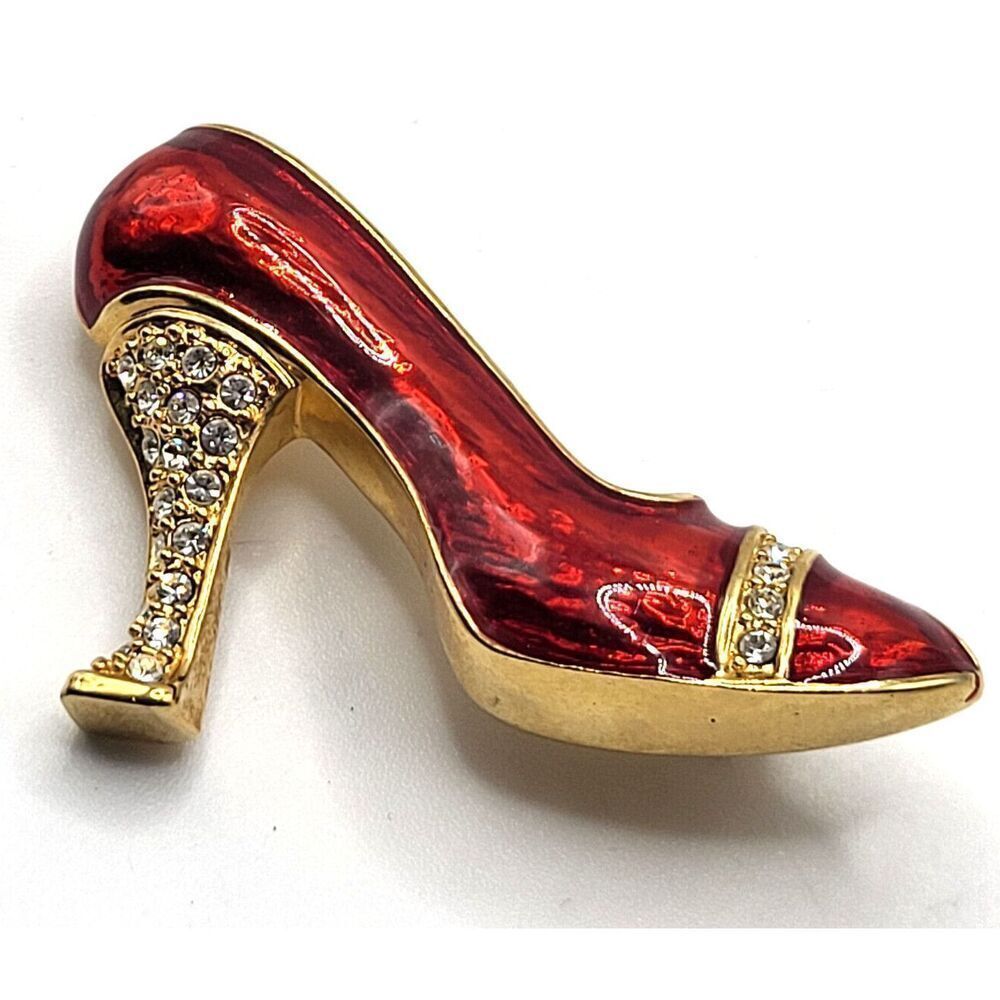 Red Shoe Enamel Rhinestone High Heel Brooch 2in